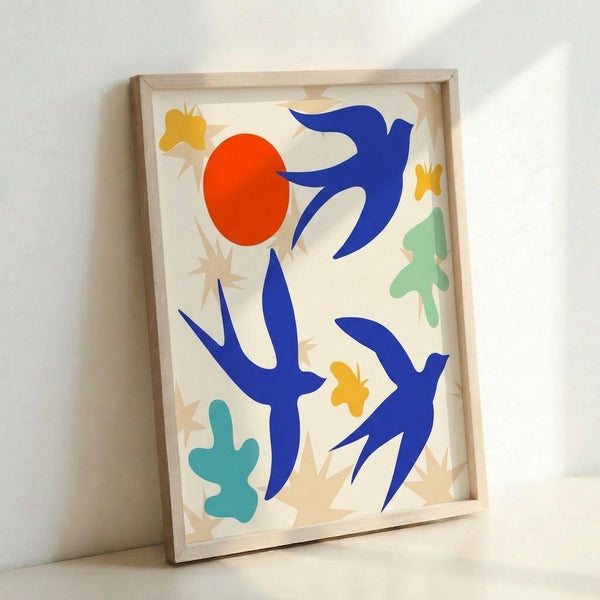 Minimalist cut-out poster of birds rendered in soft, harmonious colors with gestural shapes evoking a serene, nature-inspired mood.
