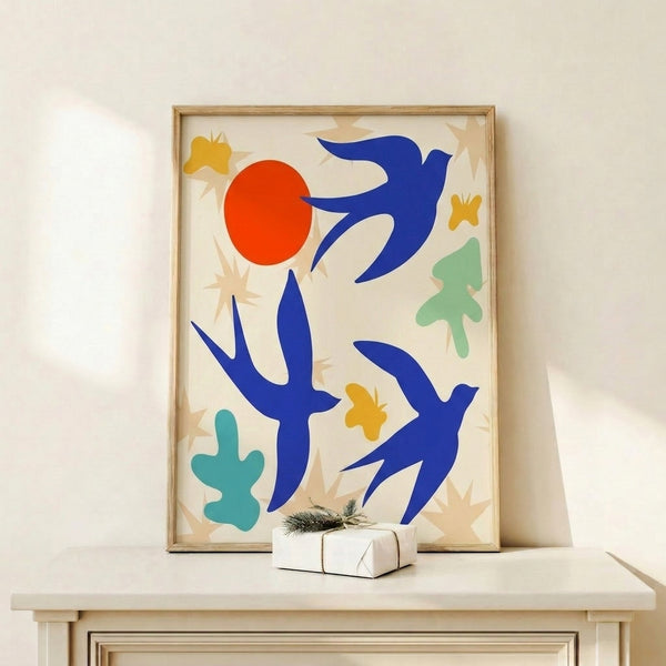 Wabi-sabi inspired bird print using Neo-Impressionist techniques with layered, simplified forms in neutral and warm color palettes.
