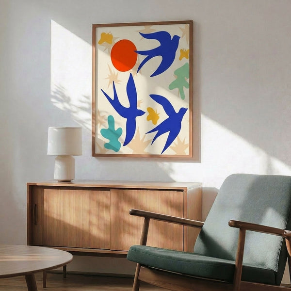Contemporary take on cut-out bird art in calming, earthy tones with organic shapes that capture movement and grace.