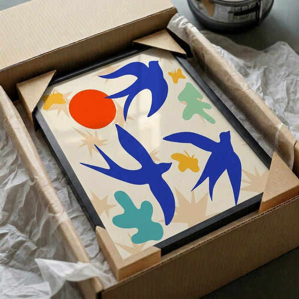Abstract poster of stylized birds created through paper cut techniques, rendered in soft, cohesive colors that evoke tranquility and simplicity.