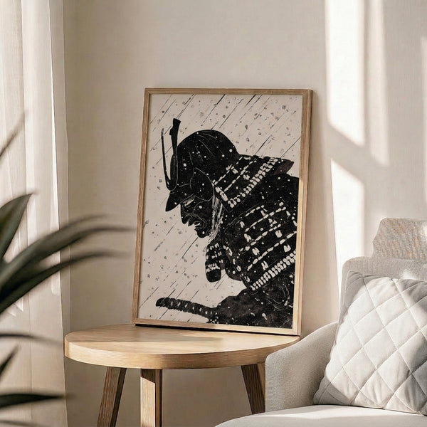 Minimalist moth illustration in black ink featuring clean linework and contemplative quality, cream ground, framed poster display.