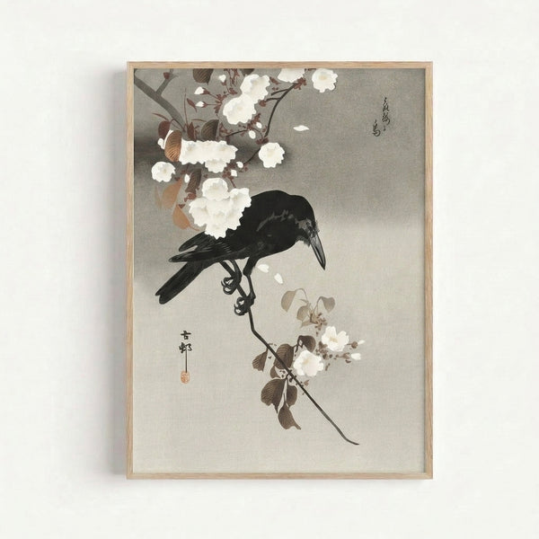 Ito Jakuchu-style artwork of a dark bird resting among white and cream blossoms on a branch, rendered in classic Japanese woodblock technique with contemplative mood.