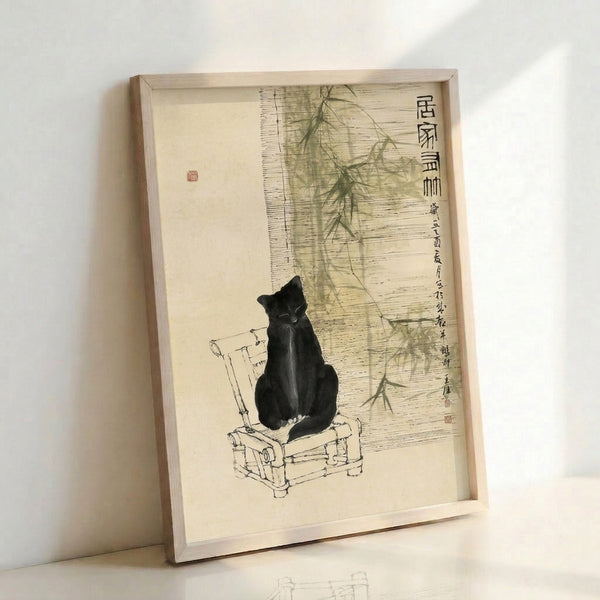 Japandi wall print showing a black feline perched on a chair surrounded by bamboo, executed in meditative ink wash technique with cream and black tones.