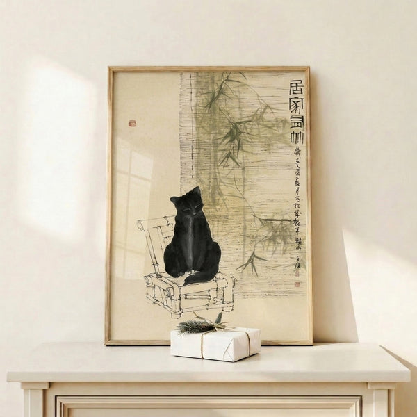 Refined line art poster of a black cat in a contemplative pose amid bamboo foliage, inspired by Japanese woodblock printing traditions in muted earth tones.