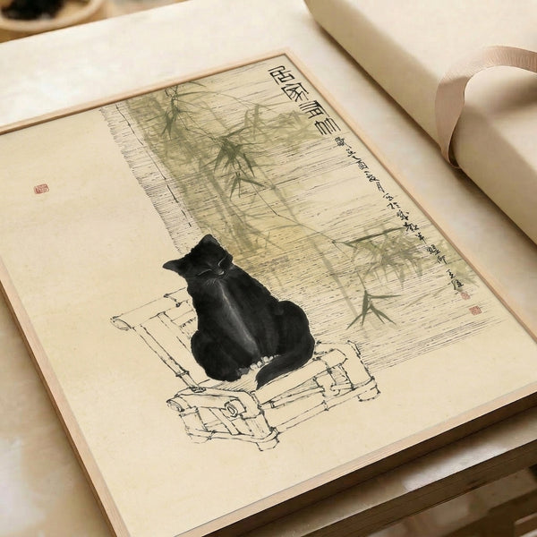 Contemplative Japandi poster showing a black cat figure surrounded by bamboo plants in restrained ink wash and line art, evoking traditional Japanese aesthetic.