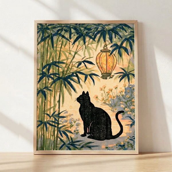 Framed art print of a black cat sitting in a Japanese garden with bamboo stalks, stone lantern, and flowering plants in cream, dark blue, and sage green tones; vintage woodblock art style with serene, whimsical mood.