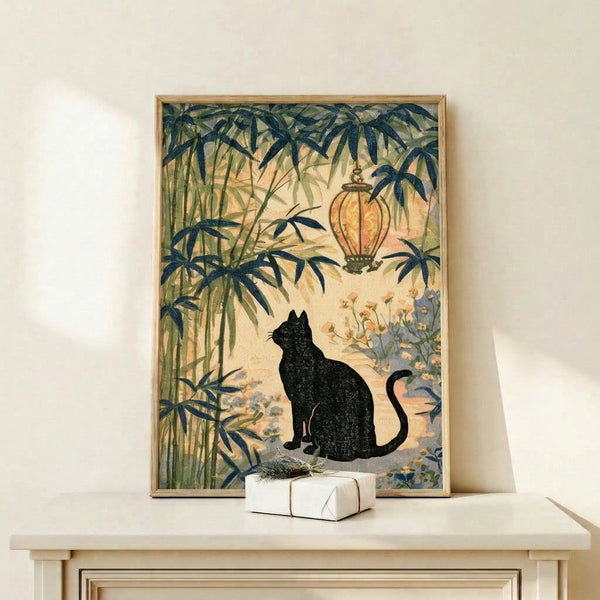 Serene Japanese-inspired poster featuring a contemplative black cat among bamboo and blossoms near a traditional lantern, rendered in Art Nouveau style with cream, dark blue, and peachy orange accents.
