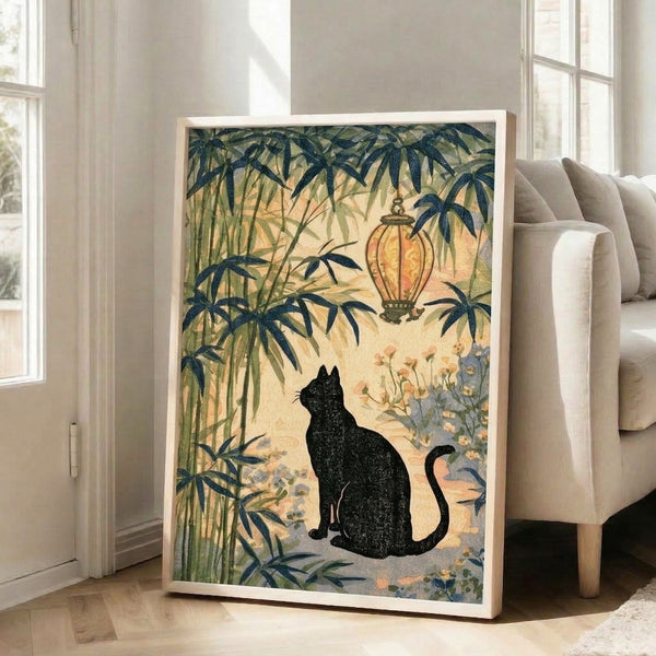 Vintage woodblock art print showing a black cat in a tranquil bamboo garden scene with lantern and flowers, combining Japanese aesthetics with Art Nouveau design in muted cream and sage green palette.