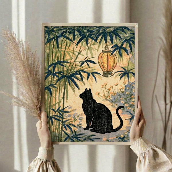 Whimsical framed artwork of a black cat seated in an ornamental garden with lantern and bamboo, executed in Japanese woodblock tradition with soft cream, dark blue, and sage tones creating a contemplative atmosphere.