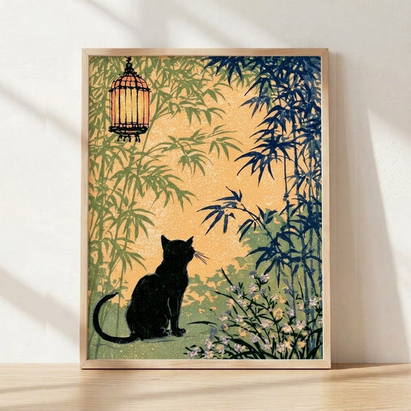 Serene Japanese woodblock-style framed poster featuring a black cat beside a bamboo lantern amid delicate flowers in cream, sage green, navy, and gold tones.