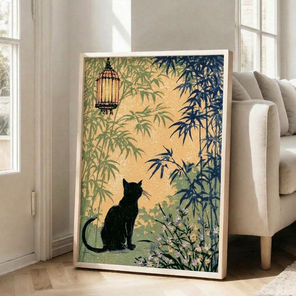 Minimalist Japandi art print with an elegant black cat, ornamental lantern, and botanical elements in a calming palette of cream and soft greens on a gallery wall.