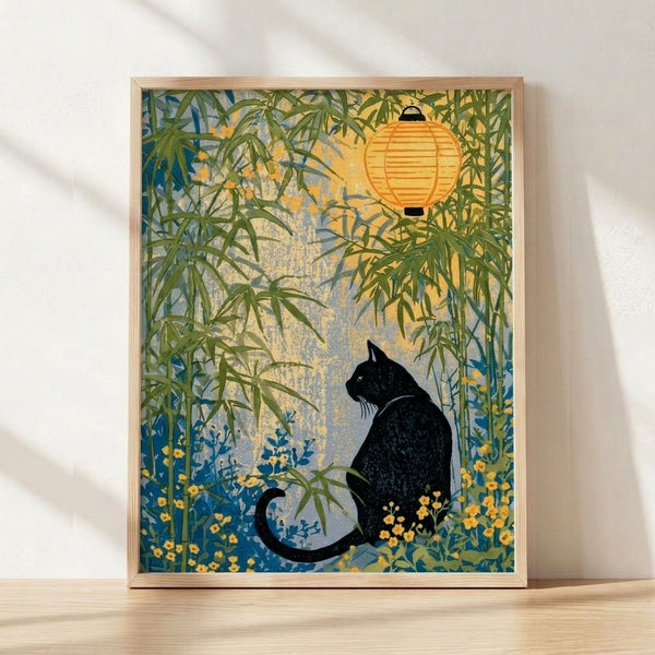Serene minimalist poster featuring a black cat beside a traditional bamboo lantern amid delicate flowers and foliage in cream, sage green, and soft yellow tones, evoking a tranquil Japandi garden.
