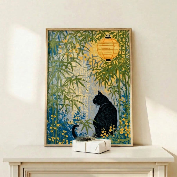 Framed Japandi art print with a contemplative black cat gazing at an illuminated lantern nestled in bamboo and flowering plants rendered in soft, muted earth tones.