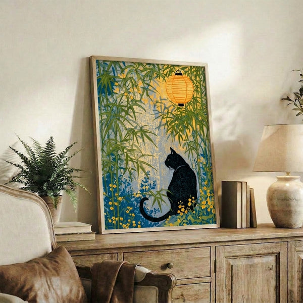 Wabi-sabi style poster showcasing a meditative scene of a black cat among traditional lantern, bamboo, and botanical elements in soft slate blue, yellow, and cream tones.