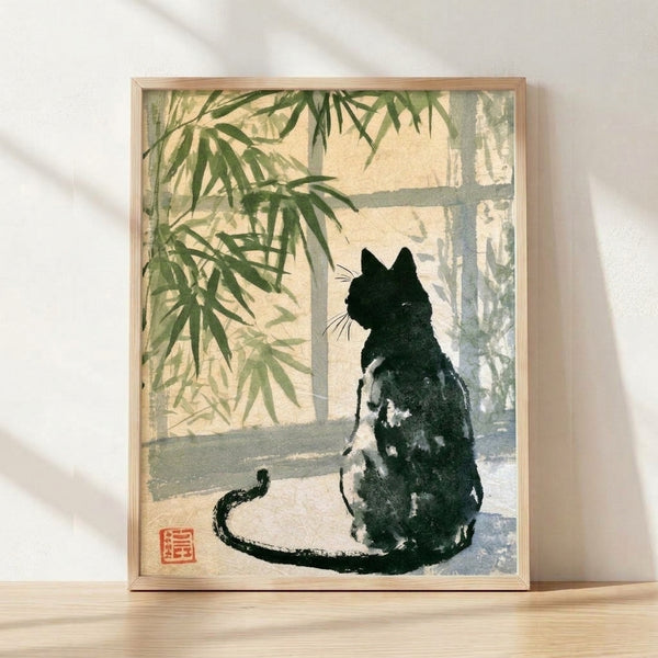 Serene black cat sitting by a bamboo window in minimalist sumi-e style, rendered in cream, sage green, and soft gray tones on a framed art print.