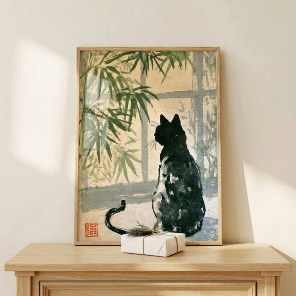 Japanese-inspired framed poster depicting a contemplative cat gazing past bamboo in muted earth tones with zen calligraphy aesthetics.