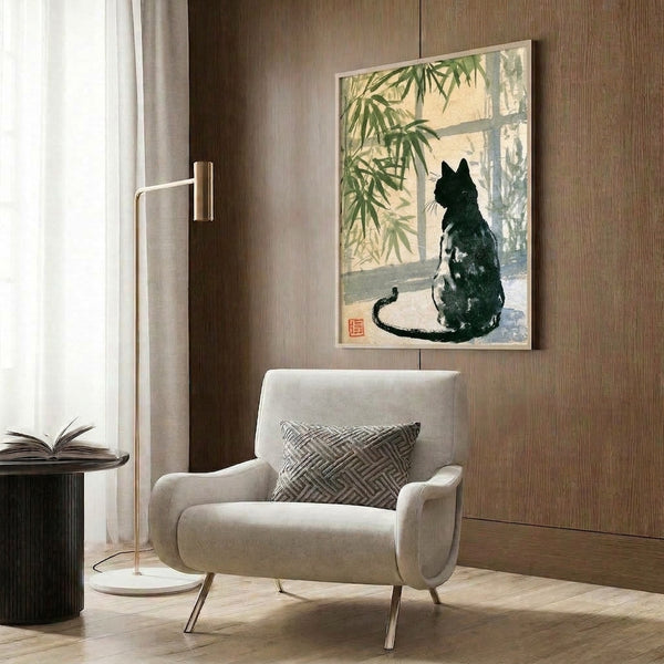 Minimalist framed artwork featuring a poised cat with flowing tail near a bamboo window, rendered in soothing Japanese woodblock style with sage and neutral palette.