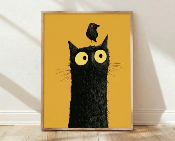 Minimalist line art portrait of a black cat and crow in gold and black with pale yellow accents, framed on a wall.