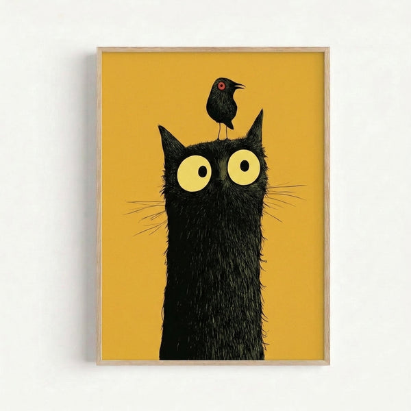 Whimsical black cat and bird illustration in modern minimalist style with gold and red tones, displayed as a framed print.