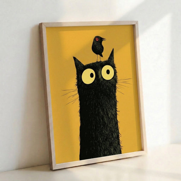 Playful line drawing featuring a black cat and crow with quirky expression in gold, black, and pale yellow palette.