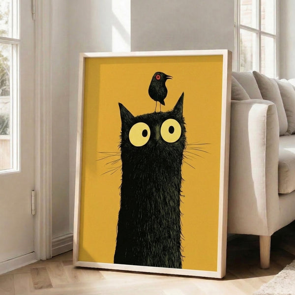 Contemporary minimalist cat and crow portrait with gold detailing and red accents on cream background, framed wall art.