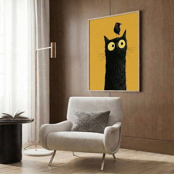 Black cat and bird line art in modern minimalist design with warm gold and pale yellow highlights, wall-mounted print.