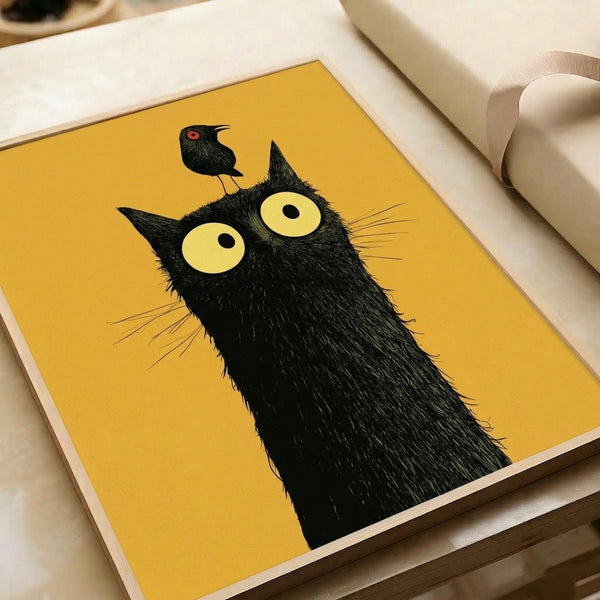 Minimalist black cat and bird illustration with playful character, rendered in gold, black, and pale yellow tones as framed wall art.
