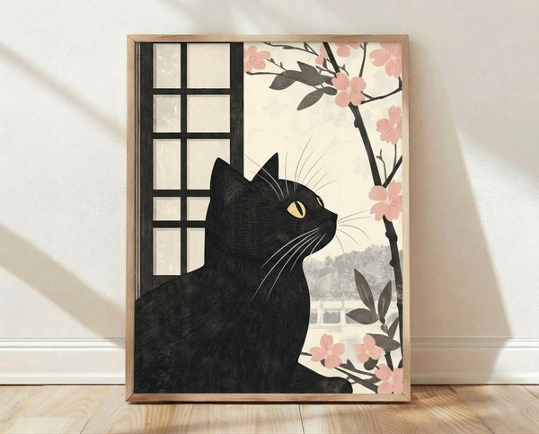 Serene line art poster of a black cat gazing out a window framed by cherry blossom branches in soft pink and cream tones, rendered in Japanese woodblock style.