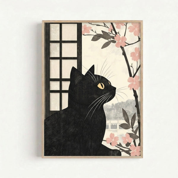 Japandi-inspired framed art print featuring a contemplative black cat silhouetted against pale yellow light, surrounded by delicate pink cherry blossoms and charcoal branches.