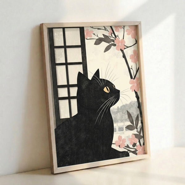 Minimalist Japanese woodblock-style poster showing a black cat watching cherry blossoms from a window, with soft pink flowers and flowing branches on cream background.