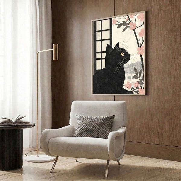 Black cat silhouette framed poster with window and cherry blossom motif, rendered in minimalist line art with soft pink florals and warm cream tones in Japandi style.
