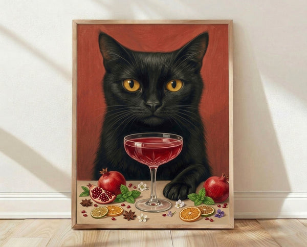 Framed retro pop art poster featuring a sleek black cat beside a sophisticated cocktail garnished with pomegranate and cranberry, rendered in deep red, golden amber, and cream tones.