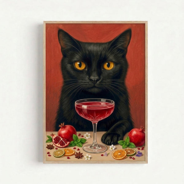 Vintage-style art print of an elegant black cat with a luxurious cocktail drink, pomegranate slices, and florals in a sophisticated palette of deep reds and warm golds.