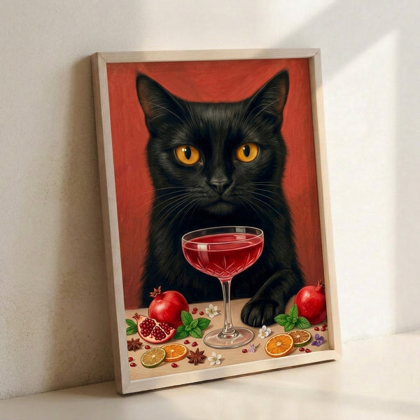 Pop art poster showing a glamorous black cat paired with a cocktail composition featuring pomegranate, cranberry, and botanical elements in rich terracotta and black.