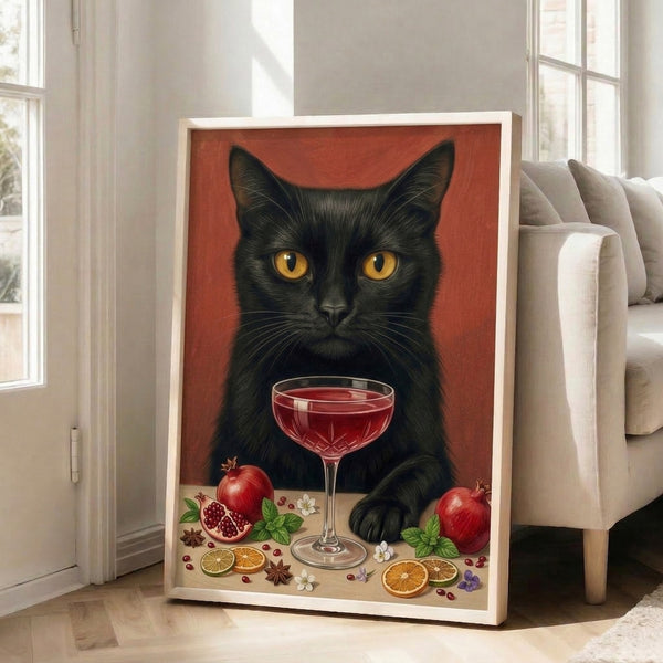Retro wall art depicting a playful black cat admiring a chic cocktail garnished with pomegranate and flowers, executed in deep crimson, golden amber, and cream.
