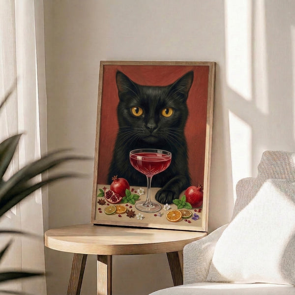 Sophisticated pop art framed print of a black cat with an ornate cocktail, pomegranate motifs, and florals in a luxurious palette of blacks, reds, and golden tones.