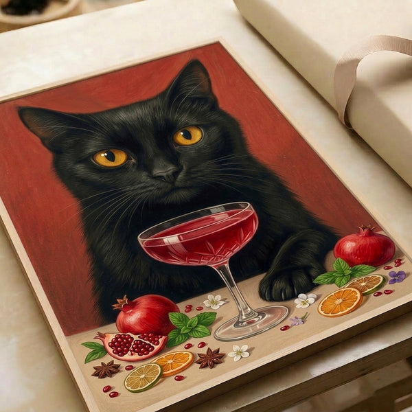 Glamorous retro poster showing a black cat with a sophisticated cocktail composition including pomegranate, cranberry, and florals in rich jewel tones and golden amber.
