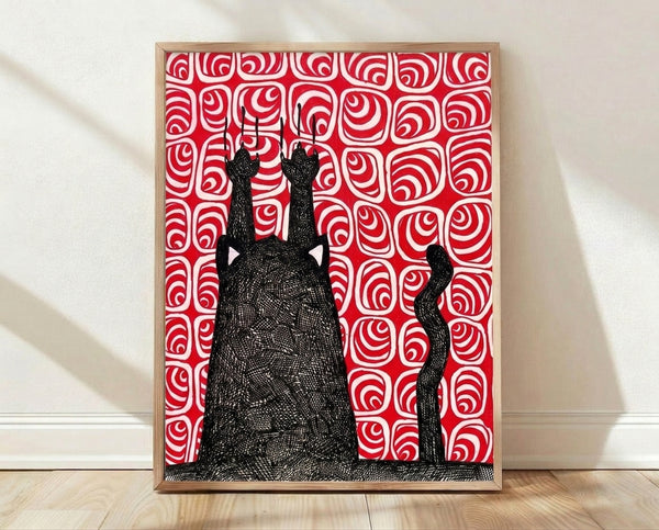 Black cat silhouette with surreal red patterned details and white line art accents, framed poster on wall with quirky, slightly unsettling modern aesthetic.