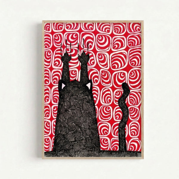 Modern line art poster featuring a black cat creature in surreal style against red geometric patterns and white linework with an eerie, imaginative mood.
