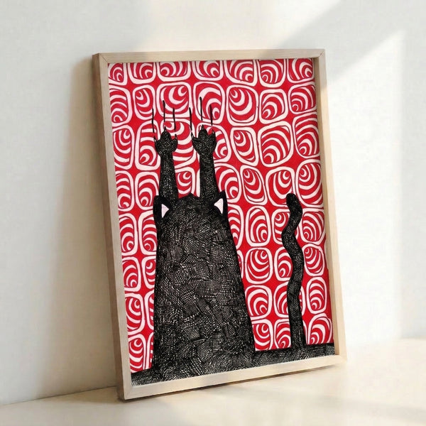 Framed art print displaying a stylized black cat silhouette adorned with intricate red and white surreal line patterns, creating an edgy contemporary look.