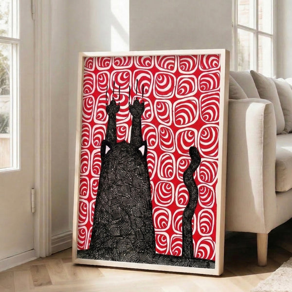 Contemporary surreal poster of a black cat figure embellished with bold red patterning and white linear details, mounted on wall with quirky dark energy.
