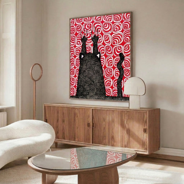 Surreal cat silhouette artwork in black with intricate red geometric patterns and white linework, framed modern poster with imaginative, slightly eerie mood.