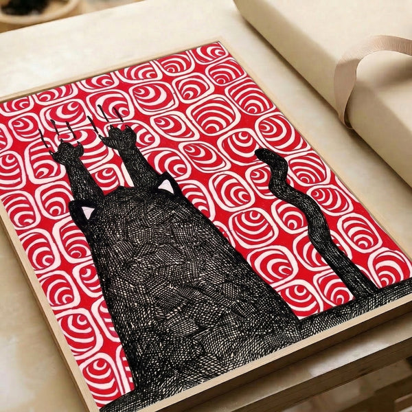 Quirky modern art print showing a black cat figure intricately detailed with red surreal patterns and white line elements, mounted as wall decor with unconventional charm.