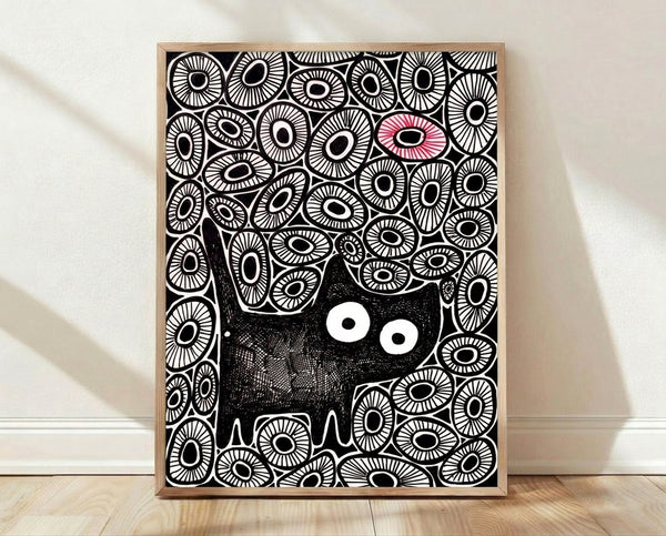Minimalist line art poster featuring a black cat surrounded by an abstract pattern of red and white eyes, creating a quirky and slightly unsettling whimsical design.