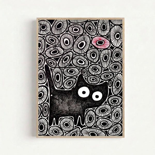 Black cat illustration framed on wall, centered among geometric red and white eyes in a minimalist abstract composition with an eerie yet playful mood.