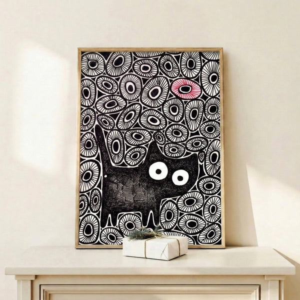 Abstract minimalist poster of a black cat surrounded by red and white eye patterns, blending whimsy with an unsettling artistic vision.