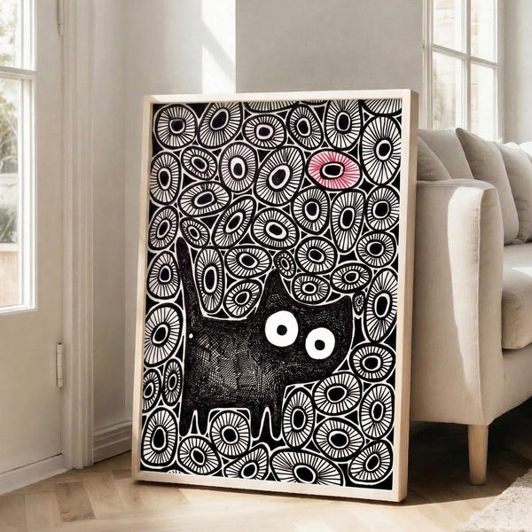 Line art wall print featuring a solitary black cat nested within a pattern of red and white eyes, rendered in minimalist style with quirky, slightly eerie appeal.