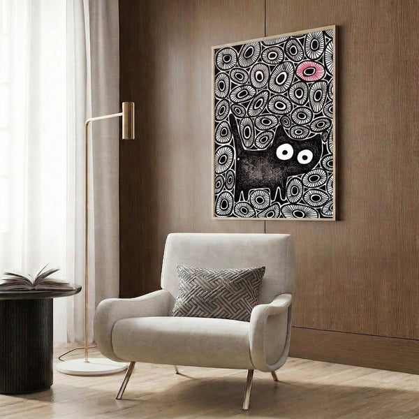 Minimalist framed poster showing a black cat silhouette among repeating red and white eyes, creating an abstract whimsical yet subtly unsettling aesthetic.