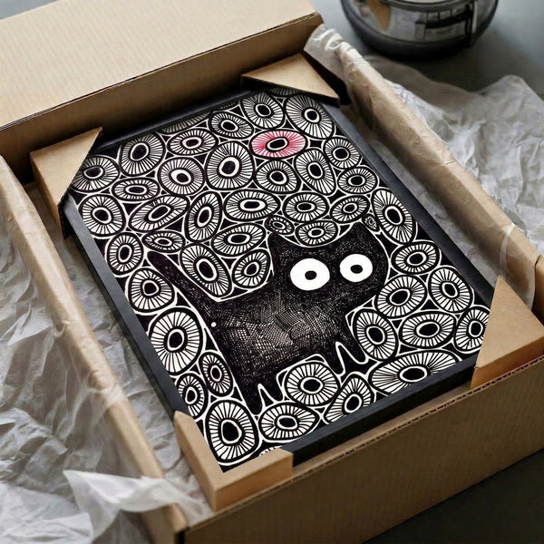 Abstract line art print of a black cat positioned among scattered red and white eyes in minimalist design, capturing quirky and mysterious wall decor.