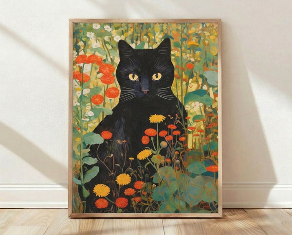 Black cat with golden eyes sits among vibrant wildflowers in art nouveau style, surrounded by gerberas and daisies in warm oranges and yellows against forest green foliage.